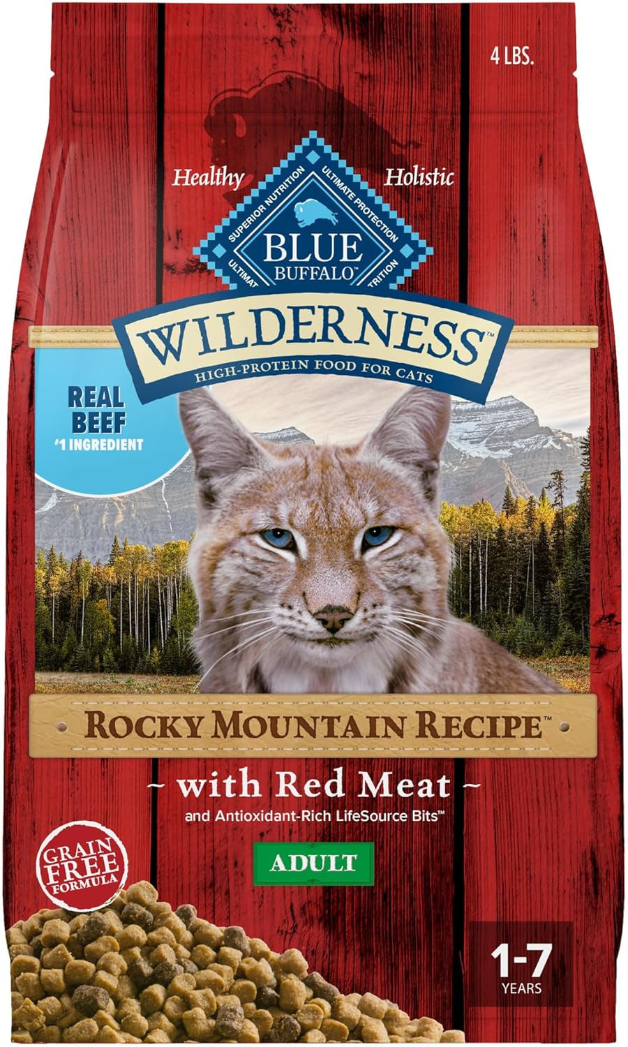 Wilderness Adult Dry Cat Food, Rocky Mountain Recipe, Chicken-Free & Grain-Free Recipe Made with Natural Ingredients, Red Meat, 4-Lb Bag