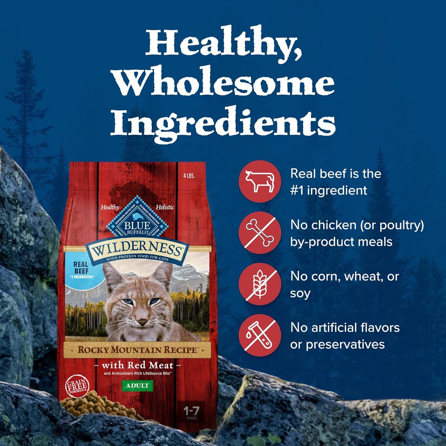 Wilderness Adult Dry Cat Food, Rocky Mountain Recipe, Chicken-Free & Grain-Free Recipe Made with Natural Ingredients, Red Meat, 4-Lb Bag