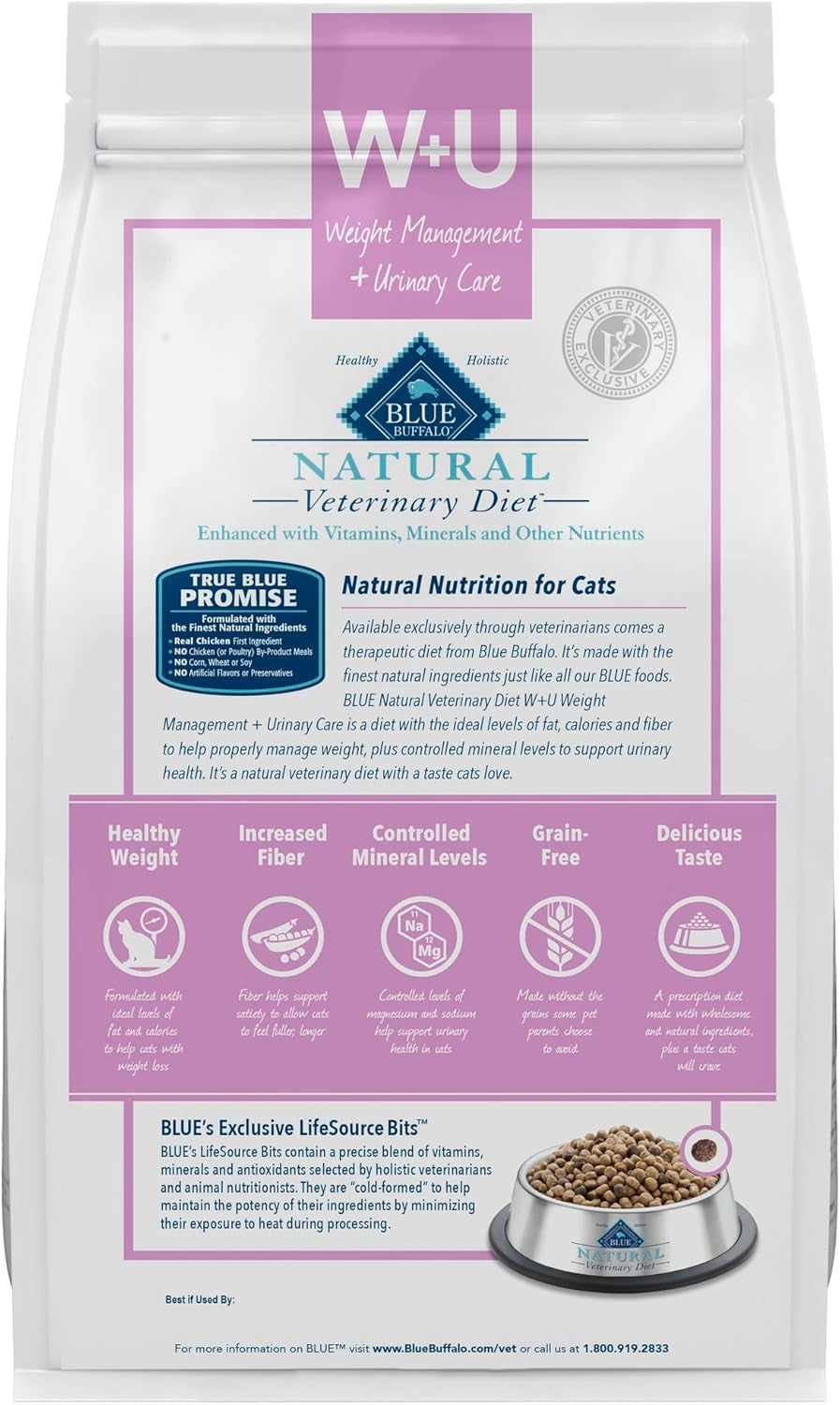 Natural Veterinary Diet W+U Weight Management + Urinary Care Dry Cat Food, Veterinarian Prescription Required, Chicken, 6.5-Lb Bag